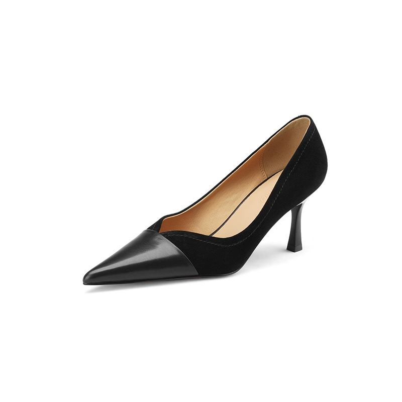 Pantofi de primăvară cu toc înalt din piele mată de calitate, cu temperament matur, stil socialite, stiletto, cu gură în V, noi