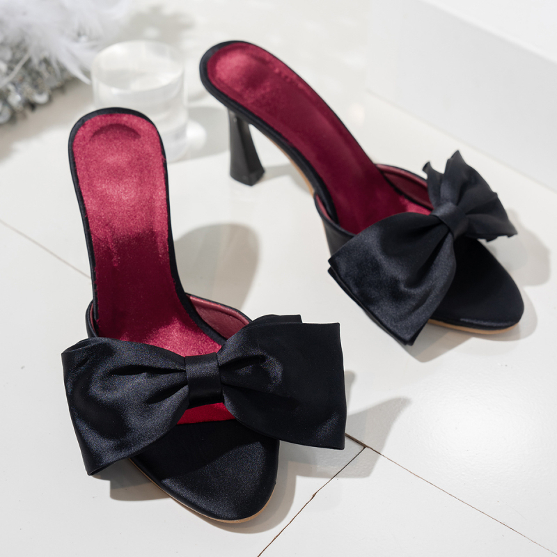 Pantofi de vară pentru femei, cu toc înalt, cu fundă roșie și trandafir, stil stiletto, cu spate gol, la modă, pentru comerț exterior, 2025