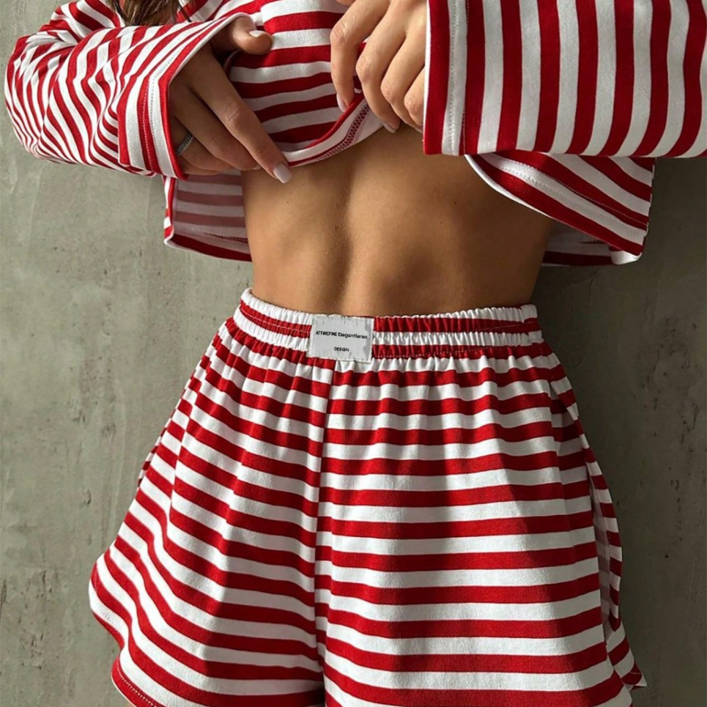 Primăvara 2025, nouă modă cu dungi, leneș, cu mânecă lungă, scurt, cu crăpături, pantaloni scurți din două piese, haine de casă pentru femei