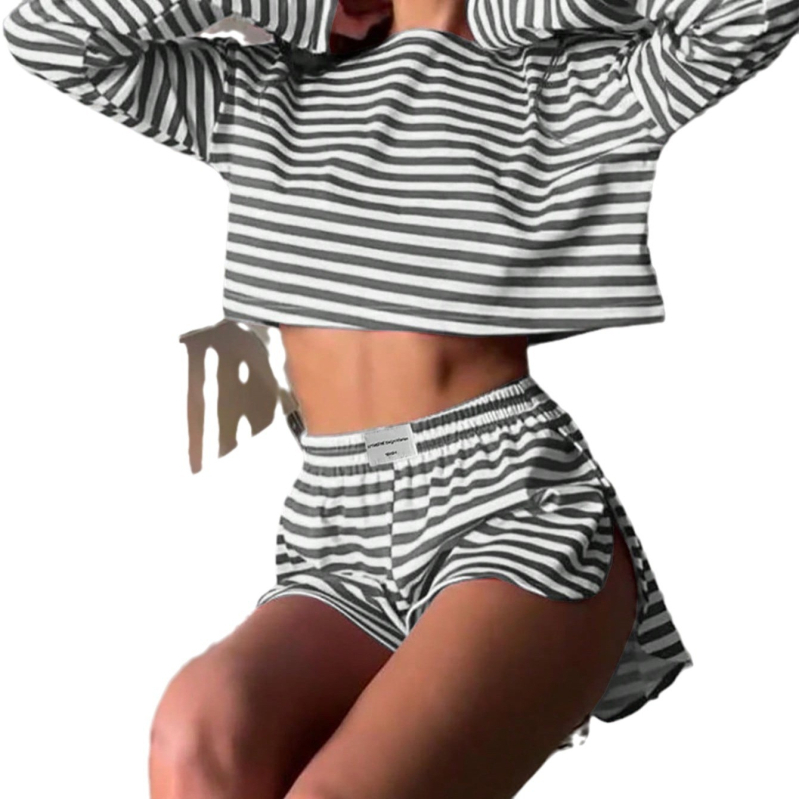 Primăvara 2025, nouă modă cu dungi, leneș, cu mânecă lungă, scurt, cu crăpături, pantaloni scurți din două piese, haine de casă pentru femei