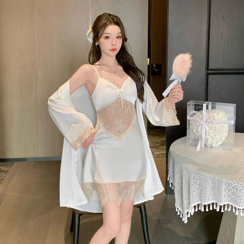 Seksualios pižamos moteriški vasariniai atlasiniai šilko naktinukai su krūtinės įdėklu, gryno noro nėrinių naktinukai, aukščiausios klasės pojūtis