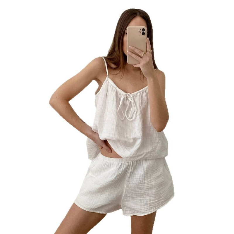 Ljetne europske i američke seksi pidžame s vratom, dvostrukim slojem i kratkim hlačama bez rukava, odijelo za prekograničnu žensku kućnu odjeću