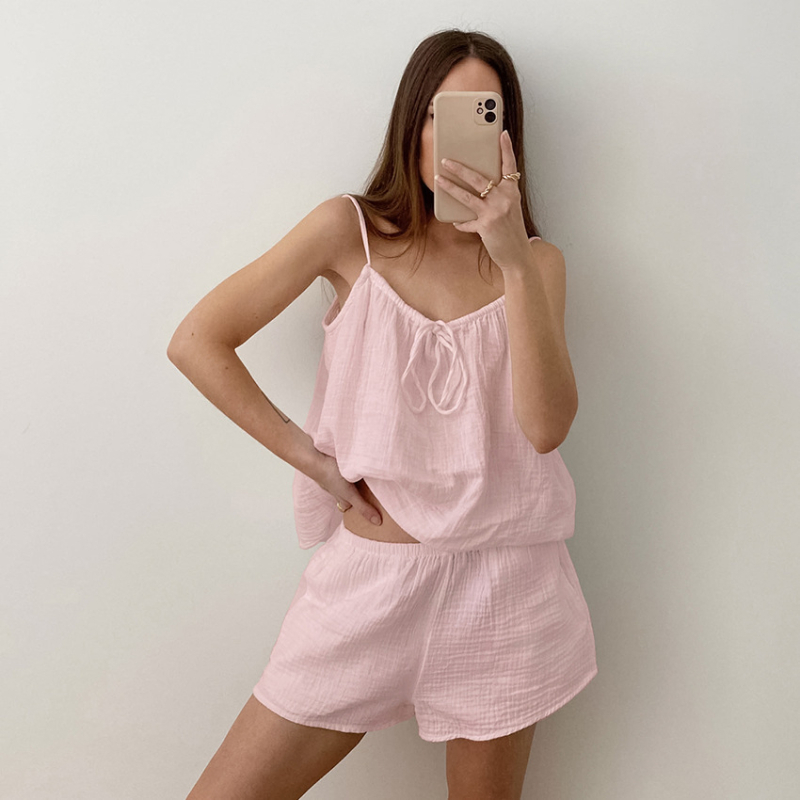 Ljetne europske i američke seksi pidžame s vratom, dvostrukim slojem i kratkim hlačama bez rukava, odijelo za prekograničnu žensku kućnu odjeću