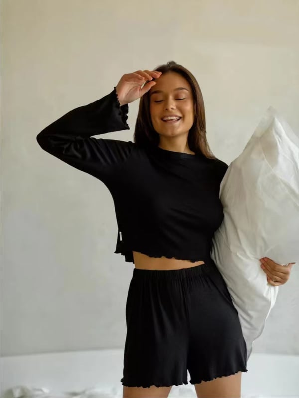 Pijamale tricotate cu guler rotund, din două piese, prietenoase cu pielea, moi, pentru femei, Wildberries, cu mânecă lungă, cu model transfrontalier