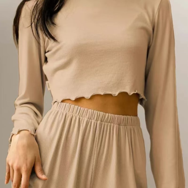 Pijamale tricotate cu guler rotund, din două piese, prietenoase cu pielea, moi, pentru femei, Wildberries, cu mânecă lungă, cu model transfrontalier