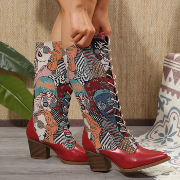 Nove čizme za jesen i zimu 2025., ženske čizme u europskom i američkom stilu, ženske šiljaste, debele pete, visoke pete, izvezene viteške čizme, ženske, plus size