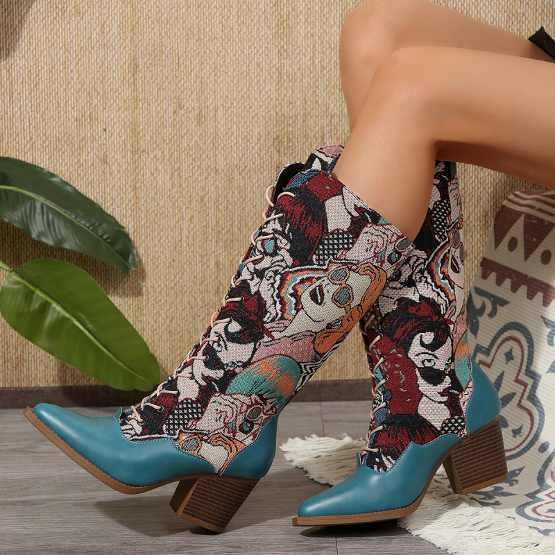 Nove čizme za jesen i zimu 2025., ženske čizme u europskom i američkom stilu, ženske šiljaste, debele pete, visoke pete, izvezene viteške čizme, ženske, plus size