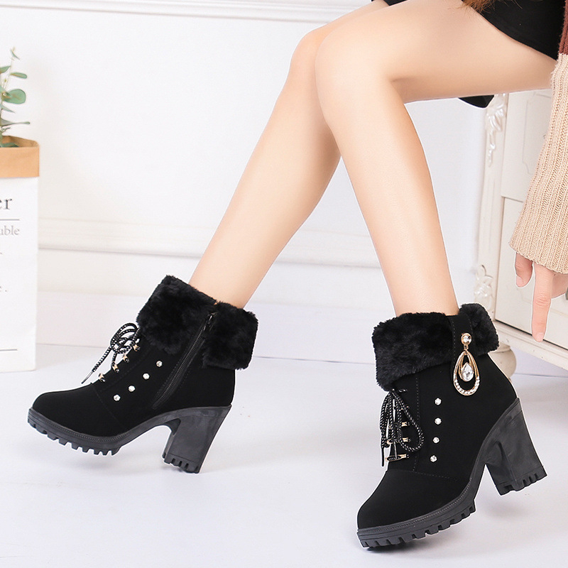 Ghete Martin de primăvară 2025, stil nou, pentru femei, cizme scurte în stil britanic cu toc gros, cizme de zăpadă cu toc gros și căptușeală din fleece pentru femei