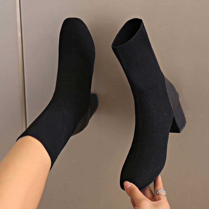 Ljetne nove izvozne čizme s debelom petom i visokom petom, elastične čarape za žene, pletene čizme u korejskom stilu s francuskim okruglim vrhom, velike ženske kratke čizme