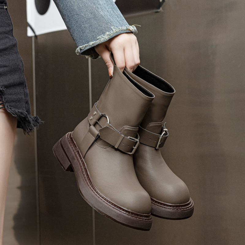 Ženske čizme Bv Martin od prave kože, britanski stil s kopčom za remen, jesen i zima 2024., debeli potplat, povećavaju visinu, retro motociklističke čizme, vintage stil