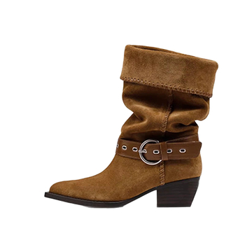 2025 Νέες ρετρό μπότες western με χοντρό τακούνι, φαρδιές μπότες μέχρι τη μέση της γάμπας, μυτερές δερμάτινες μπότες ιππότη με αγκράφα και αγκράφα από σουέτ για γυναίκες