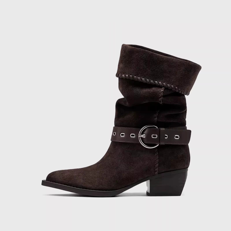 2025 Νέες ρετρό μπότες western με χοντρό τακούνι, φαρδιές μπότες μέχρι τη μέση της γάμπας, μυτερές δερμάτινες μπότες ιππότη με αγκράφα και αγκράφα από σουέτ για γυναίκες