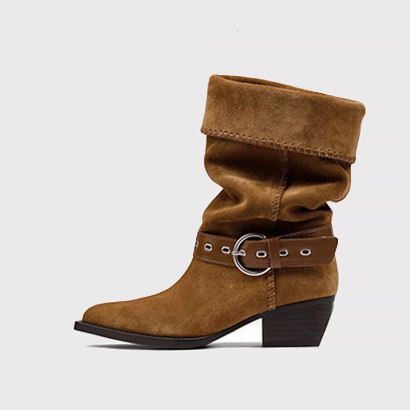 2025 Νέες ρετρό μπότες western με χοντρό τακούνι, φαρδιές μπότες μέχρι τη μέση της γάμπας, μυτερές δερμάτινες μπότες ιππότη με αγκράφα και αγκράφα από σουέτ για γυναίκες