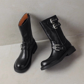 Kratke čizme za žene, jesenske i zimske motociklističke čizme s kopčom u novom stilu, viteške čizme, debeli potplati, niske pete, čizme s okruglim vrhom, kaubojske čizme u zapadnom stilu