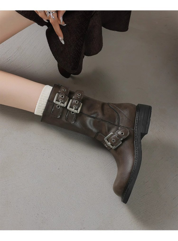 Kratke čizme za žene, jesenske i zimske motociklističke čizme s kopčom u novom stilu, viteške čizme, debeli potplati, niske pete, čizme s okruglim vrhom, kaubojske čizme u zapadnom stilu