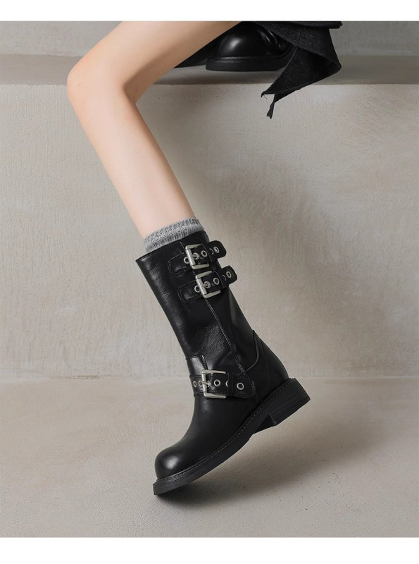 Kratke čizme za žene, jesenske i zimske motociklističke čizme s kopčom u novom stilu, viteške čizme, debeli potplati, niske pete, čizme s okruglim vrhom, kaubojske čizme u zapadnom stilu