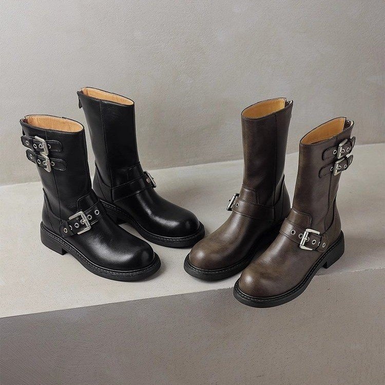 Kratke čizme za žene, jesenske i zimske motociklističke čizme s kopčom u novom stilu, viteške čizme, debeli potplati, niske pete, čizme s okruglim vrhom, kaubojske čizme u zapadnom stilu