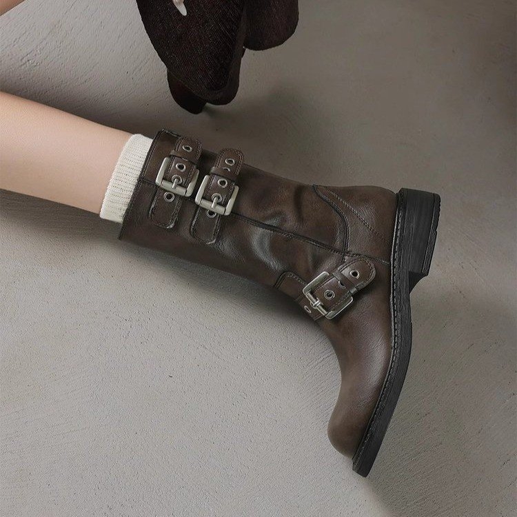 Kratke čizme za žene, jesenske i zimske motociklističke čizme s kopčom u novom stilu, viteške čizme, debeli potplati, niske pete, čizme s okruglim vrhom, kaubojske čizme u zapadnom stilu