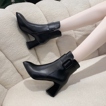 Cizme Martin pentru femei 2023 primăvara și toamna nou stil britanic cu toc înalt ascuțit gleznă cizme la modă cu cataramă cu fermoar lateral cizme pentru femei