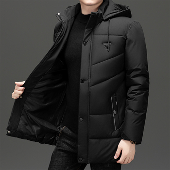 Χειμερινό αποσπώμενο καπέλο ανδρικό μπουφάν με επένδυση από βαμβάκι, μεσαίου μήκους, χοντρό ζεστό παλτό για μεσήλικες και ηλικιωμένους άνδρες, μπουφάν με επένδυση από βαμβάκι