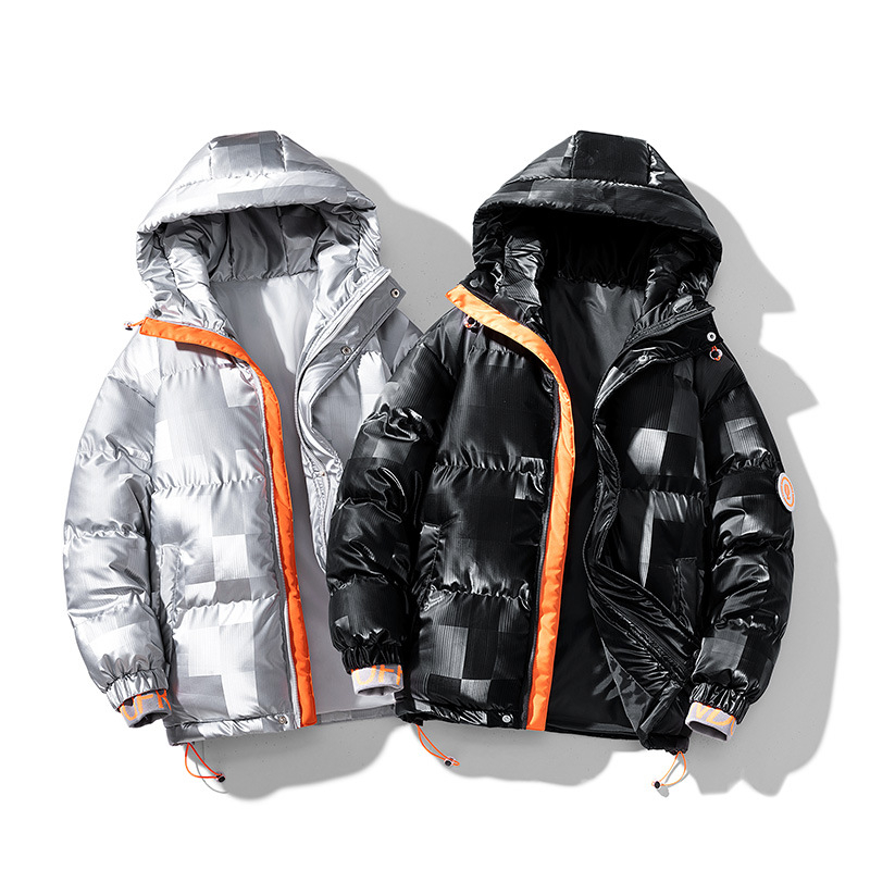 Jachetă de iarnă pentru bărbați, cu bumbac, haină de puf negru strălucitor, cu glugă, din piele groasă și strălucitoare, jachetă din bumbac, asortată, Tide