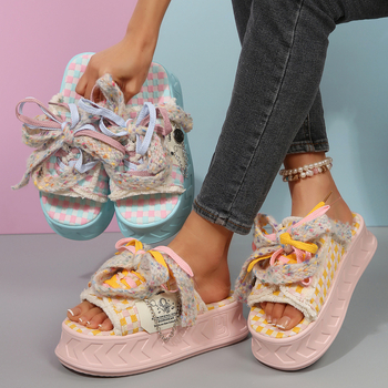 Παντόφλες εξωτερικού εμπορίου με χοντρή σόλα για γυναίκες το καλοκαίρι, αντιολισθητικές, αντιοσμητικές, πολύχρωμες καρό καμβά σανδάλια, γυναικείες παντόφλες θαλάσσης