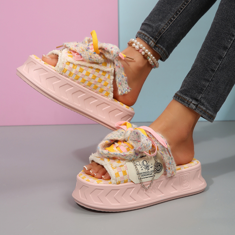 Ženske papuče s debelim potplatom iz inozemne trgovine za ljeto, neklizajuće, protiv mirisa, šarene karirane platnene sandale, ženske papuče za plažu