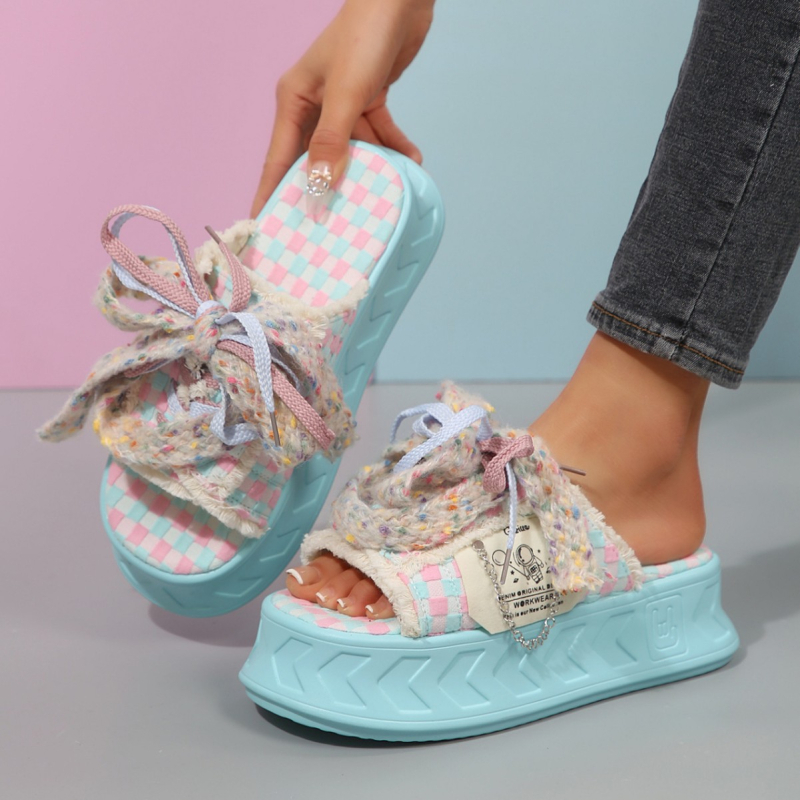 Ženske papuče s debelim potplatom iz inozemne trgovine za ljeto, neklizajuće, protiv mirisa, šarene karirane platnene sandale, ženske papuče za plažu