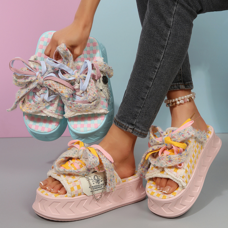 Ženske papuče s debelim potplatom iz inozemne trgovine za ljeto, neklizajuće, protiv mirisa, šarene karirane platnene sandale, ženske papuče za plažu