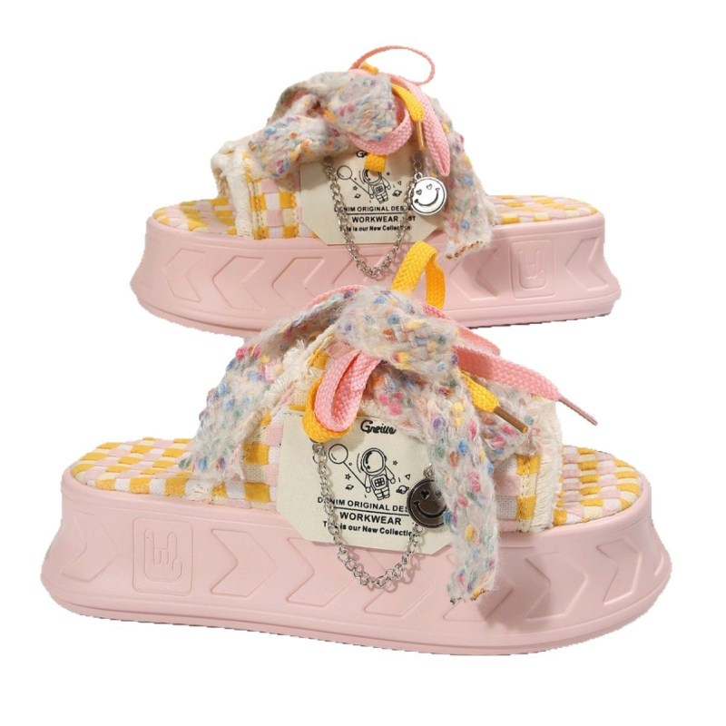 Ženske papuče s debelim potplatom iz inozemne trgovine za ljeto, neklizajuće, protiv mirisa, šarene karirane platnene sandale, ženske papuče za plažu