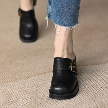 Παντόφλες Baotou Half Slippers Γυναικεία Νέα, Χονδρική, Χοντρό Τακούνι, Χοντρό Σόλα, Εξωτερική Παπούτσια Mule, Ζώνη με Αγκράφα, Τετράγωνη Μύτη