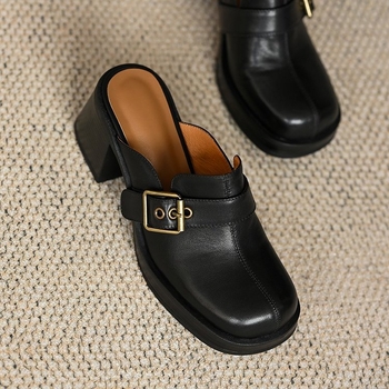 Παντόφλες Baotou Half Slippers Γυναικεία Νέα, Χονδρική, Χοντρό Τακούνι, Χοντρό Σόλα, Εξωτερική Παπούτσια Mule, Ζώνη με Αγκράφα, Τετράγωνη Μύτη