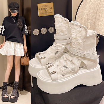 Sandale za žene 2025. Nove visoke sandale s debelim potplatom, kopčom za remen, otvorenim prstima, vilinski stil sa suknjom, kratke traper čizme