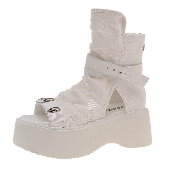 Sandale za žene 2025. Nove visoke sandale s debelim potplatom, kopčom za remen, otvorenim prstima, vilinski stil sa suknjom, kratke traper čizme