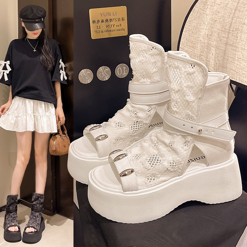 Sandale za žene 2025. Nove visoke sandale s debelim potplatom, kopčom za remen, otvorenim prstima, vilinski stil sa suknjom, kratke traper čizme