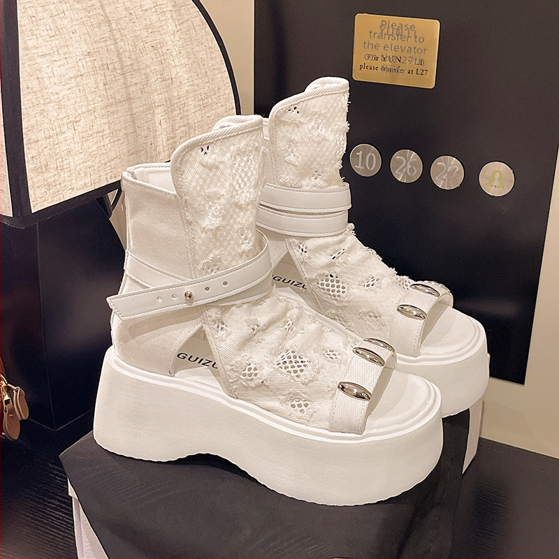 Sandale za žene 2025. Nove visoke sandale s debelim potplatom, kopčom za remen, otvorenim prstima, vilinski stil sa suknjom, kratke traper čizme