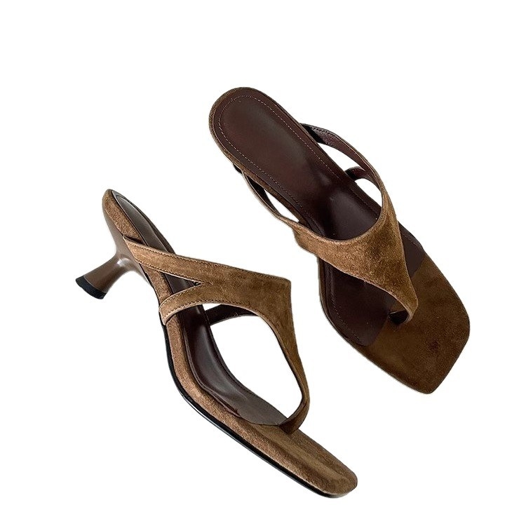 Sandale de damă cu toc înalt și vârf pătrat, de lux, tip tanga, stil varatic, casual, și sandale confortabile cu vârful deschis.