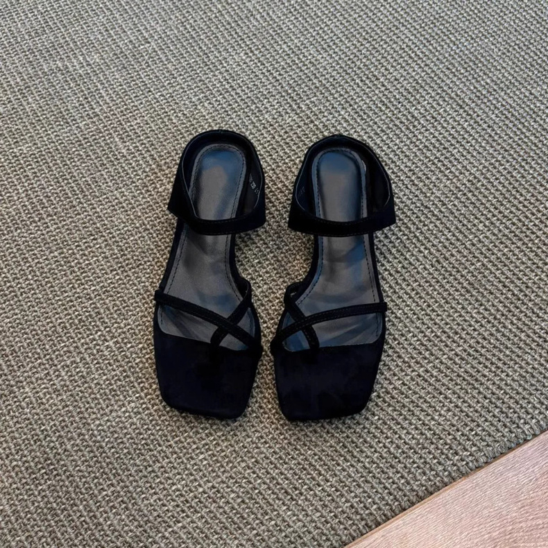 Versiune din piele de oaie ~ Sandale franceze cu bareta încrucișată pentru femei 2025 Sandale cu platformă mică, cu vârf pătrat, pentru exterior