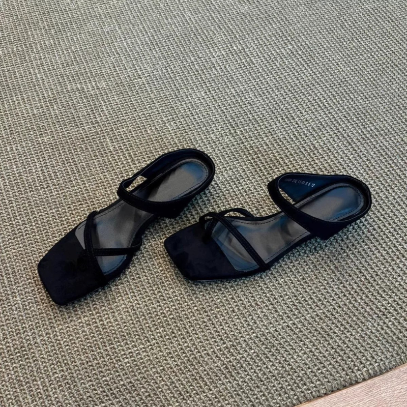 Versiune din piele de oaie ~ Sandale franceze cu bareta încrucișată pentru femei 2025 Sandale cu platformă mică, cu vârf pătrat, pentru exterior