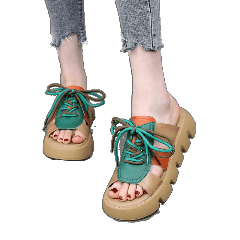 Papuci din piele moale pentru femei, vara anului 2025, sandale de plajă cu platformă și talpă groasă, antiderapante, versatile, cu vârful deschis