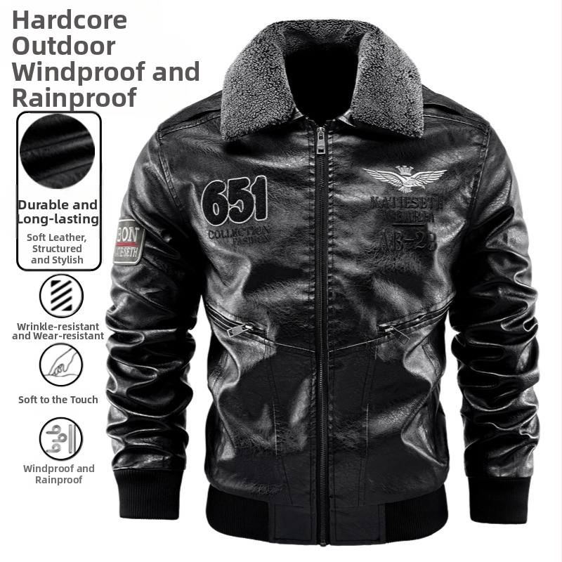 Φθινοπωρινό και Χειμερινό Ζεστό Ανδρικό Δερμάτινο Μπουφάν με Φόδρα από Φλις, Αντιανεμικό, Στενής Γραμμής, Αφαιρούμενο Γούνινο Γιακά, Μπουφάν Μοτοσικλέτας