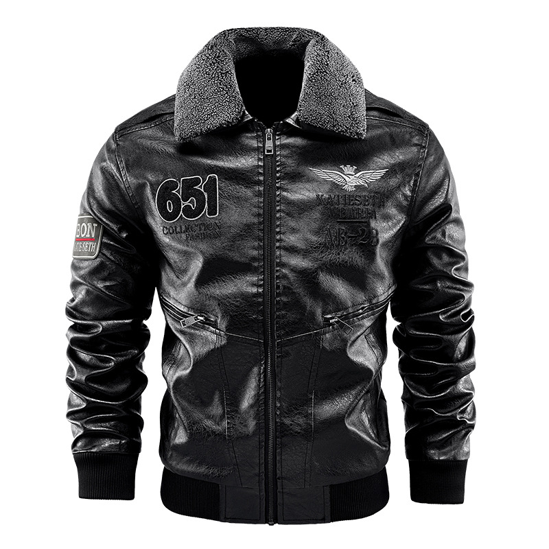 Rudens ir žiemos atvartu su vilnos pamušalu šilta PU odinė vyriška motociklo striukė su vėjui nelaidiu, sustorintu, plonu kirpimu, nuimama kailine apykakle