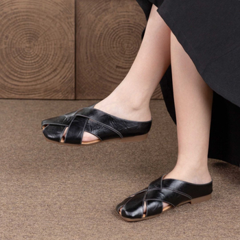 Retro pletene papuče za žene s prstima do prstiju, ručno izrađene sandale od prave kože za ljeto, polupapuče od kravlje kože s gornjim šavovima