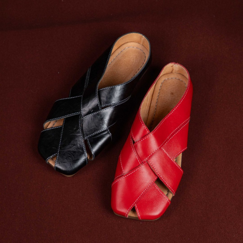 Retro pletene papuče za žene s prstima do prstiju, ručno izrađene sandale od prave kože za ljeto, polupapuče od kravlje kože s gornjim šavovima