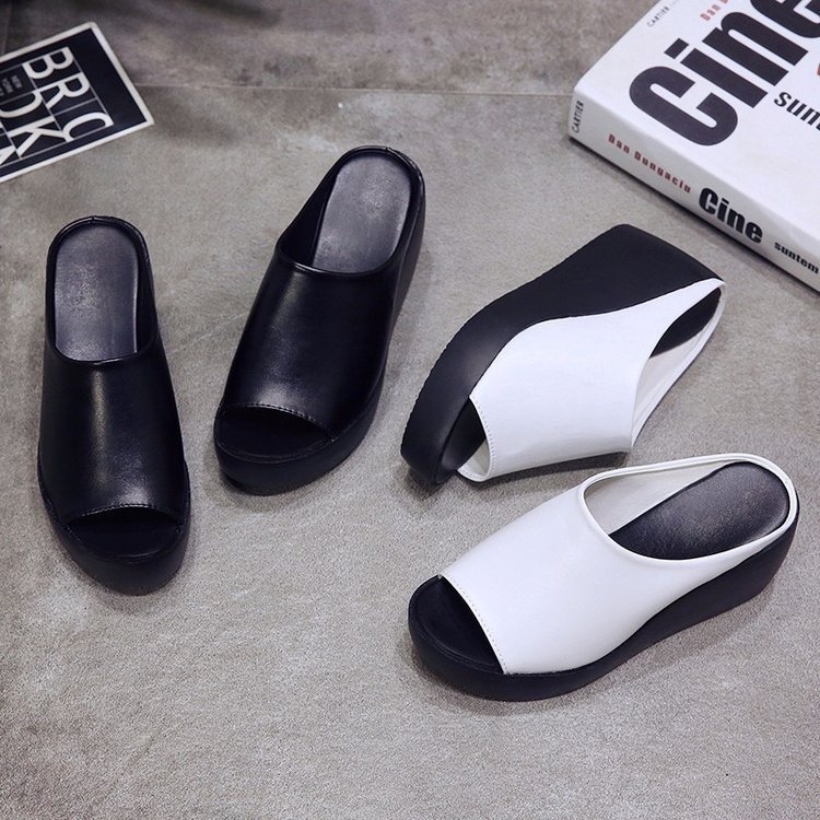 Papuci de vară pentru femei, cu talpă groasă, sandale cu platformă și vârf peep-toe, papuci din piele, papuci casual