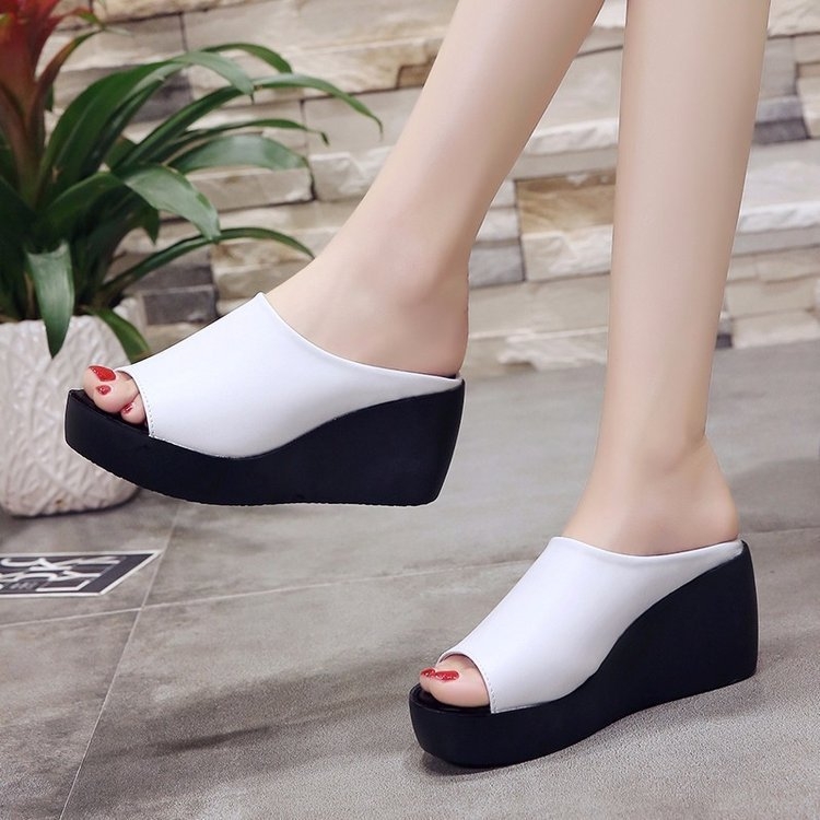 Papuci de vară pentru femei, cu talpă groasă, sandale cu platformă și vârf peep-toe, papuci din piele, papuci casual