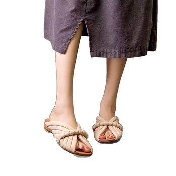 Ručno tkane ravne papuče za žene, ljetna vanjska odjeća, papuče s jednom riječju, kožne papuče s uzorkom ribljih usta, nove ravne papuče s okruglom glavom iz 2025.