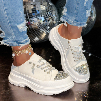 Παντόφλες με χοντρή σόλα και πλατφόρμα, στρας, δάχτυλα-μύτες για εξωτερική χρήση, casual παντόφλες για γυναίκες, καλοκαιρινά, νέα, καμβάς, χαλαρά, μισοφέγγαρα, λευκά παπούτσια