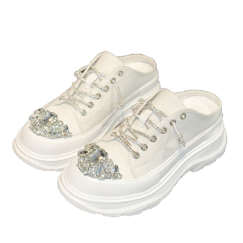 Παντόφλες με χοντρή σόλα και πλατφόρμα, στρας, δάχτυλα-μύτες για εξωτερική χρήση, casual παντόφλες για γυναίκες, καλοκαιρινά, νέα, καμβάς, χαλαρά, μισοφέγγαρα, λευκά παπούτσια