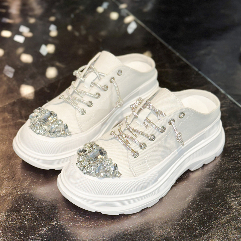 Papuče s debelim potplatom i platformom od cirkona, s prstima do prstiju za vanjsku upotrebu, ležerne papuče za žene, ljetne nove platnene papuče s polukliznim nogavicama u bijeloj boji